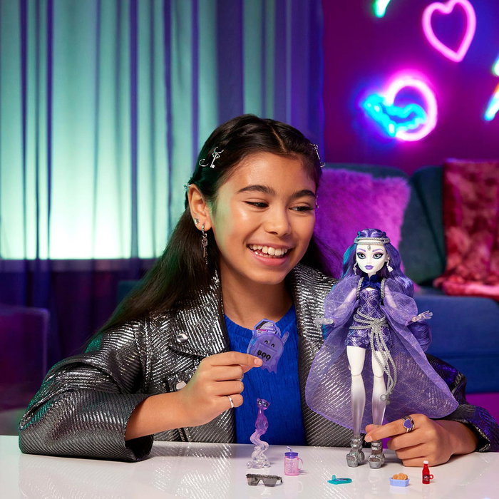 Monster High Poupée Spectra Vondergeist Hxh77 Mattel - Poupée fantôme avec furet Rhuen, tablette, sac à dos et accessoires