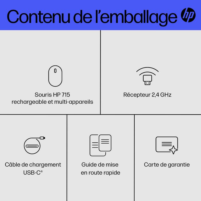 HP Souris sans fil rechargeable ambidextre Bluetooth 5.3 programmable avec capteur haute précision et autonomie 90 jours - Modèle 715