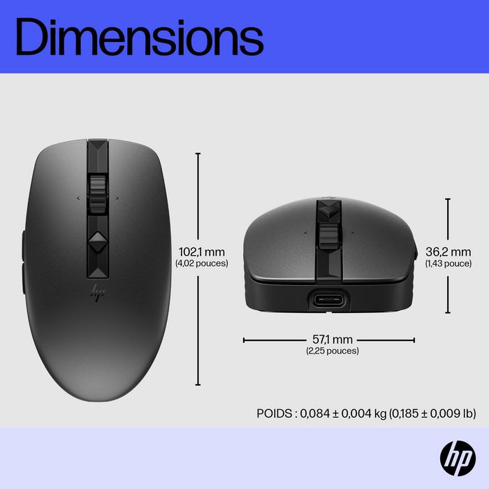 HP Souris sans fil rechargeable ambidextre Bluetooth 5.3 programmable avec capteur haute précision et autonomie 90 jours - Modèle 715