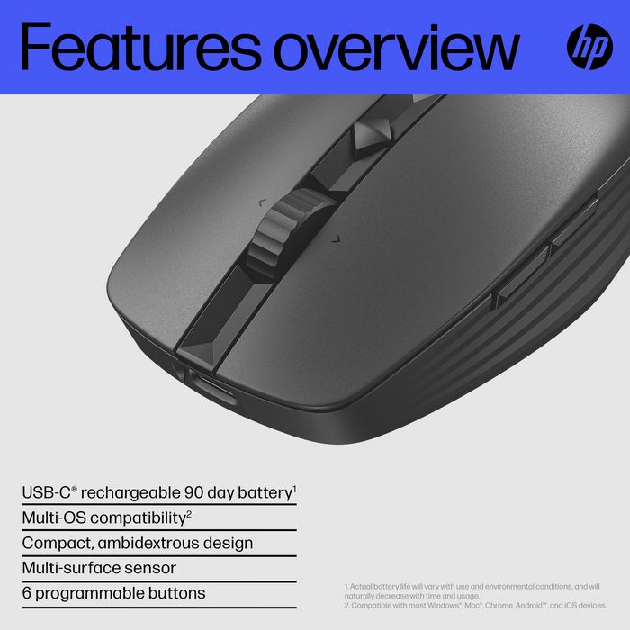 HP Souris sans fil rechargeable ambidextre Bluetooth 5.3 programmable avec capteur haute précision et autonomie 90 jours - Modèle 715