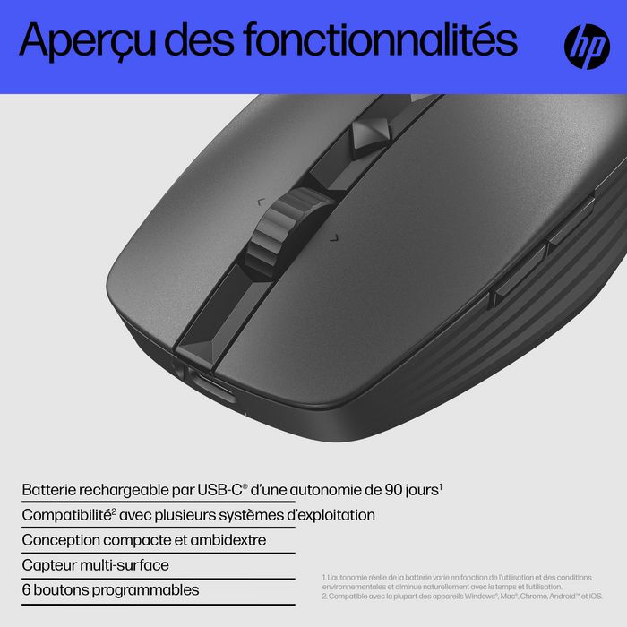 HP Souris sans fil rechargeable ambidextre Bluetooth 5.3 programmable avec capteur haute précision et autonomie 90 jours - Modèle 715