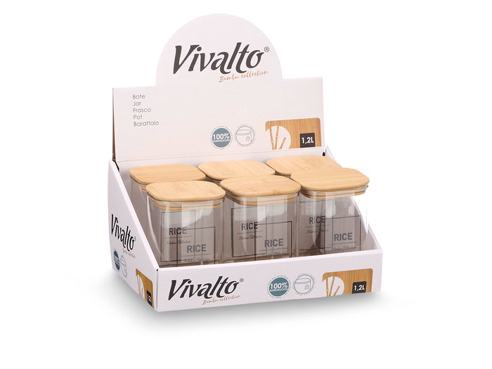 Vivalto Bouteille Carrée en Borosilicate avec Couvercle Bambou Rice 1,2L 10x15x10 cm (Set de 12)