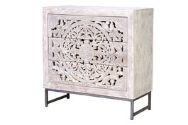 GINER Y COLOMER Buffet 3 tiroirs en bois de manguier et métal, finition blanc vieilli et piètement gris, 80x80x35 cm