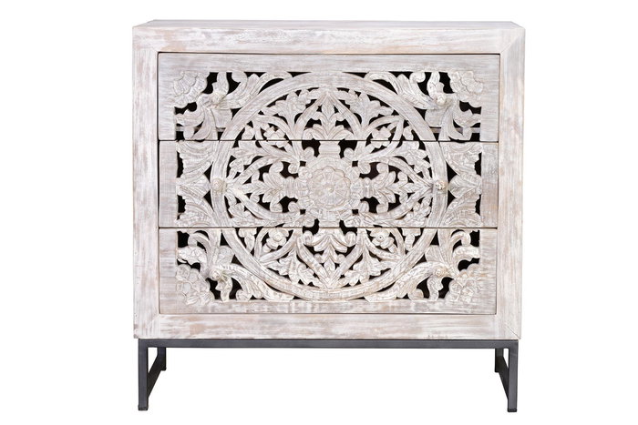 GINER Y COLOMER Buffet 3 tiroirs en bois de manguier et métal, finition blanc vieilli et piètement gris, 80x80x35 cm