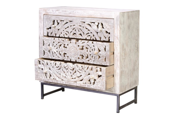 GINER Y COLOMER Buffet 3 tiroirs en bois de manguier et métal, finition blanc vieilli et piètement gris, 80x80x35 cm