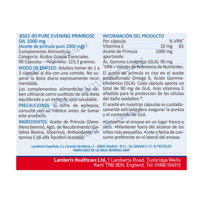 LAMBERTS Huile d'Onagre Pure 1000 mg avec Vitamine E LAMBERTS Huile d'Onagre Pure 1000 mg avec Vitamine E