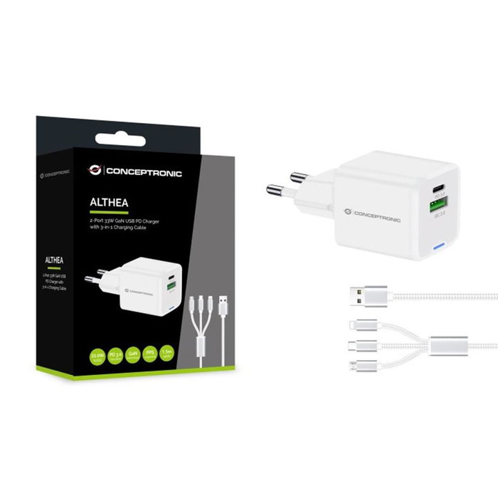Conceptronic Chargeur Mural Althea 16W 33W + Blanc - 2 Prises Universelles