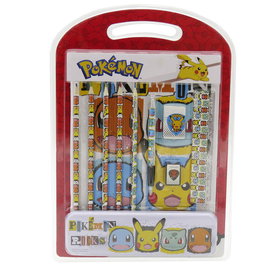 CYP BRANDS Set de Papeterie Pokémon - Plumier Métal, Bloc Dessin 60 Pages, Crayons de Couleur, Stylo, Gomme, Taille-Crayon, Règle 15 cm