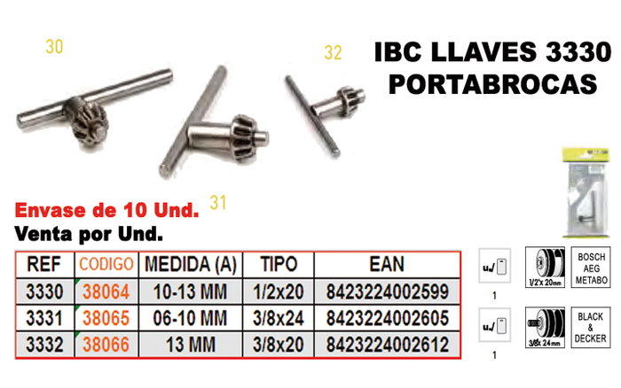 IBC FINSTOCK Clé de Mandrin 3/8x24 (6-10mm) 3-331 LLAVE PORTABROCAS IBC FINSTOCK Clé de Mandrin 3/8x24 (6-10mm) 3-331 LLAVE PORTABROCAS