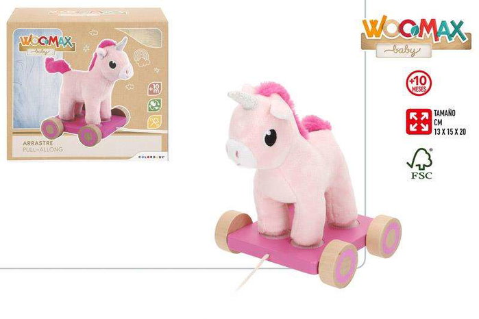 Color Baby Jouet à tirer en bois peluche licorne 13x15x20 cm