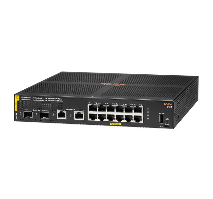 Hewlett Packard Enterprise Aruba CX 6100 12 ports Gigabit Switch PoE+ 139W avec 2x 10G SFP+, 12G Class4, sans licence logicielle, pour entreprise