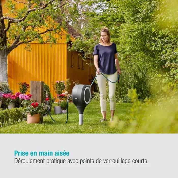 Gardena RollUp S - Dévidoir automatique pour tuyau d'arrosage - 15 m - Liseret blanc - Système anti-nœud et rotation 360° - Kit complet - Garantie 5 ans