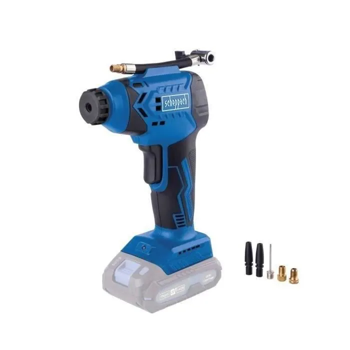 Scheppach C-AC20-X Compresseur sans fil 20V, pression max 7 bars avec 6 accessoires, pour pneus de vélo et jouets, compact et puissant