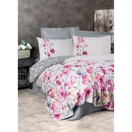 Ensemble de literie housse de couette 220x240 cm et 2 taies d'oreiller 60x60 cm, 100% coton renforcé, gris et rose, lavable machine