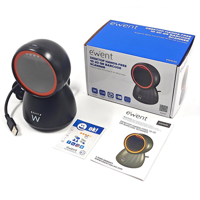 Ewent EW3450 Lecteur de codes-barres 2D omnidirectionnel USB Plug and Play sans fil, compatible 1D/2D/QR, mode mains libres, écran, IP52 Ewent EW3450 Lecteur de codes-barres 2D omnidirectionnel USB Plug and Play sans fil, compatible 1D/2D/QR, mode mains libres, écran, IP52