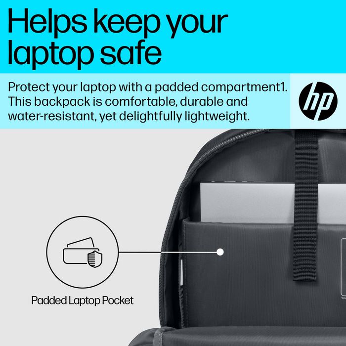 HP Sac à dos pour PC portable 15,6 pouces - Léger, confortable et résistant à l'eau - Compartiment rembourré - Contient du plastique recyclé