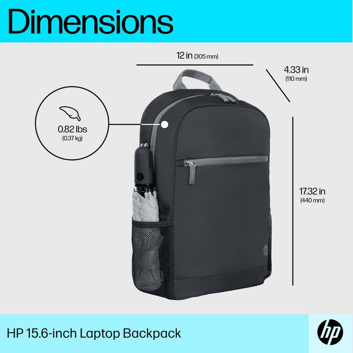 HP Sac à dos pour PC portable 15,6 pouces - Léger, confortable et résistant à l'eau - Compartiment rembourré - Contient du plastique recyclé