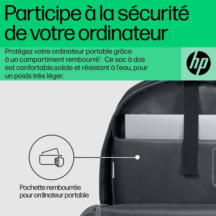 HP Sac à dos pour PC portable 15,6 pouces - Léger, confortable et résistant à l'eau - Compartiment rembourré - Contient du plastique recyclé