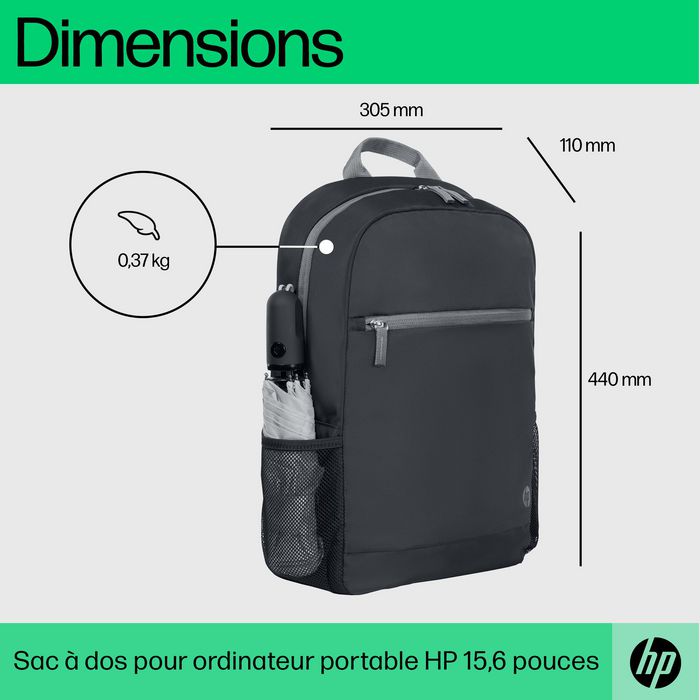 HP Sac à dos pour PC portable 15,6 pouces - Léger, confortable et résistant à l'eau - Compartiment rembourré - Contient du plastique recyclé