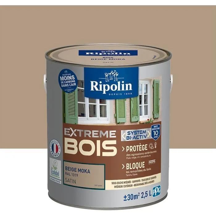 Ripolin Peinture Extreme Bois 2.5 L - Beige Moka RAL 1019 Satin - Haute Opacité et Durabilité pour Bois