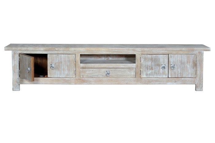 GINER Y COLOMER - Meuble TV en bois de mango blanc vieilli, 230 cm de large, 4 portes et 1 tiroir, avec espace de rangement supérieur GINER Y COLOMER - Meuble TV en bois de mango blanc vieilli, 230 cm de large, 4 portes et 1 tiroir, avec espace de rangement supérieur