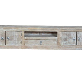 GINER Y COLOMER - Meuble TV en bois de mango blanc vieilli, 230 cm de large, 4 portes et 1 tiroir, avec espace de rangement supérieur