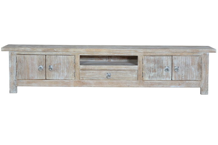 GINER Y COLOMER - Meuble TV en bois de mango blanc vieilli, 230 cm de large, 4 portes et 1 tiroir, avec espace de rangement supérieur GINER Y COLOMER - Meuble TV en bois de mango blanc vieilli, 230 cm de large, 4 portes et 1 tiroir, avec espace de rangement supérieur