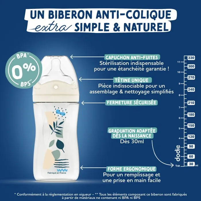 DODIE - Biberon anti-colique 330 ml avec tétine multi-perforée biomimétique pour bébé de 6 mois et plus - Débit 3 - Rose