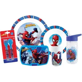 Fun House - Lot de 6 pièces de vaisselle pour enfant Spider-Man - Assiette 22 cm, assiette 16 cm, couverts, verre, gourde et boîte à goûter
