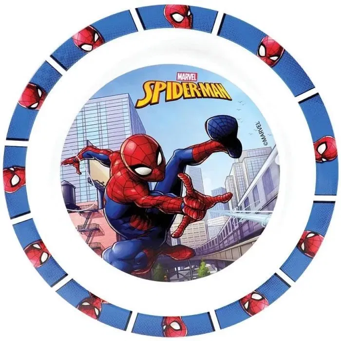 Fun House - Lot de 6 pièces de vaisselle pour enfant Spider-Man - Assiette 22 cm, assiette 16 cm, couverts, verre, gourde et boîte à goûter