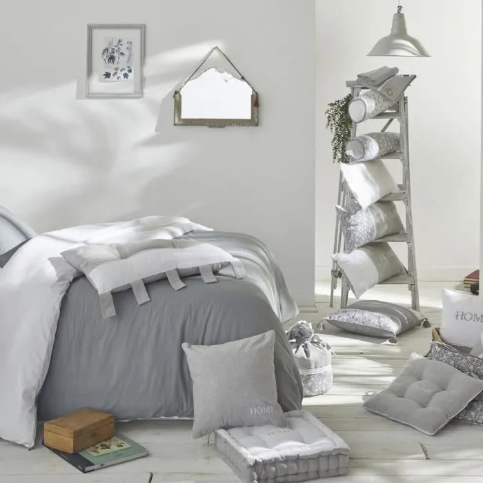 Today Coussin polochon Charme 45 x 15 cm - Housse déhoussable en coton avec imprimé et pompons - Gris foncé Capucine