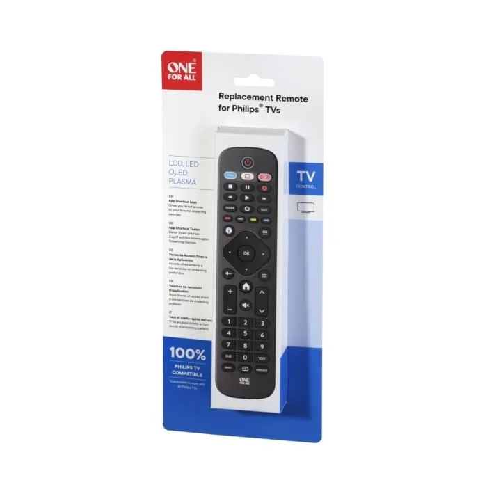 One For All URC4913 - Télécommande universelle pour TV Philips avec touche Netflix, pilotage barre de son, compatible 100%, sans programmation