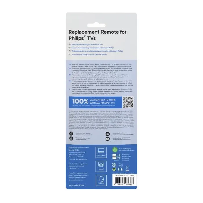 One For All URC4913 - Télécommande universelle pour TV Philips avec touche Netflix, pilotage barre de son, compatible 100%, sans programmation