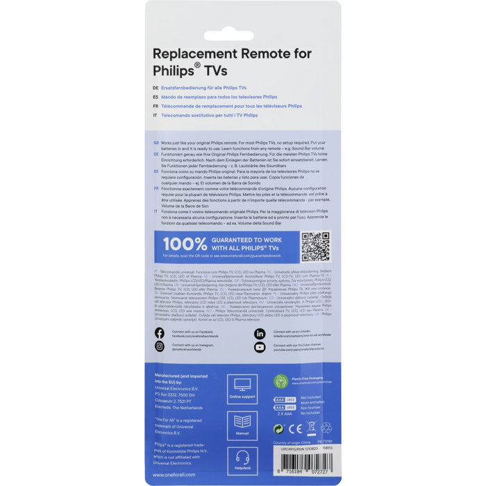 One For All URC4913 Télécommande de remplacement pour TV Philips One For All URC4913 Télécommande de remplacement pour TV Philips