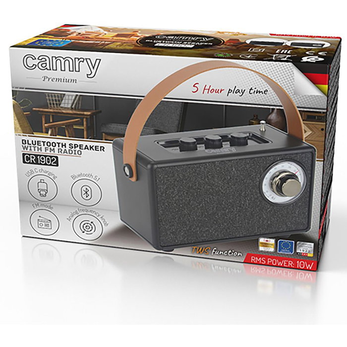 Camry CR 1902 Radio FM Bluetooth 5.1 Noir, Haut-Parleur Rechargeable, USB, SD, TWS, 1500 mAh, 16x7x10.5 cm