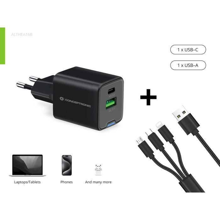 Conceptronic Althea16B Chargeur mural 33W avec câble USB 3.0 3 en 1