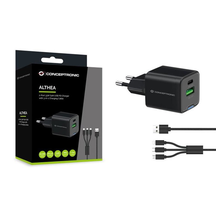 Chargeur mural Conceptronic Althea16B 33 W USB-C double port Noir Chargeur mural Conceptronic Althea16B 33 W USB-C double port Noir