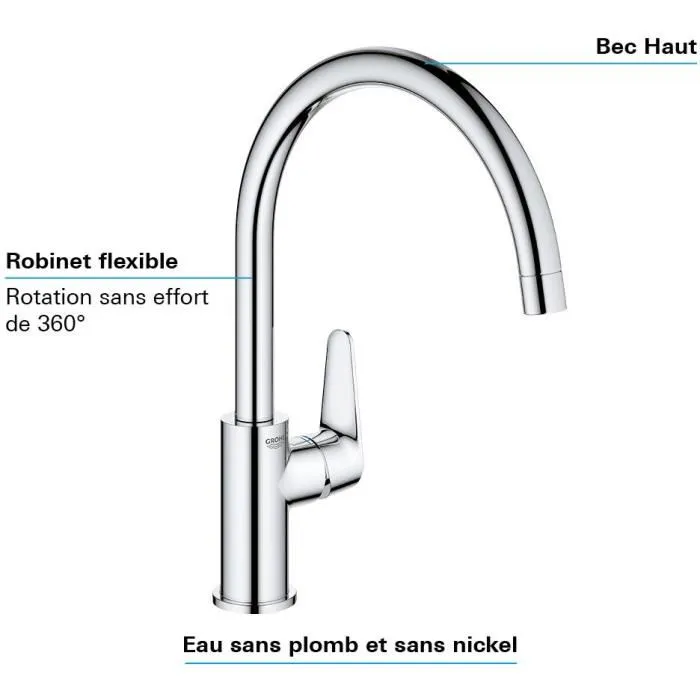 GROHE Mitigeur de Cuisine Monocommande en Métal Chromé Gris Modèle 31554001 GROHE Mitigeur de Cuisine Monocommande en Métal Chromé Gris Modèle 31554001