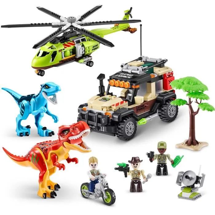 Zuru - Set de Construction Dino Hunt 592 pièces - Aventure Préhistorique avec Dinosaures, Hélicoptère, Camion et Moto