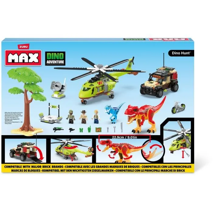 Zuru - Set de Construction Dino Hunt 592 pièces - Aventure Préhistorique avec Dinosaures, Hélicoptère, Camion et Moto