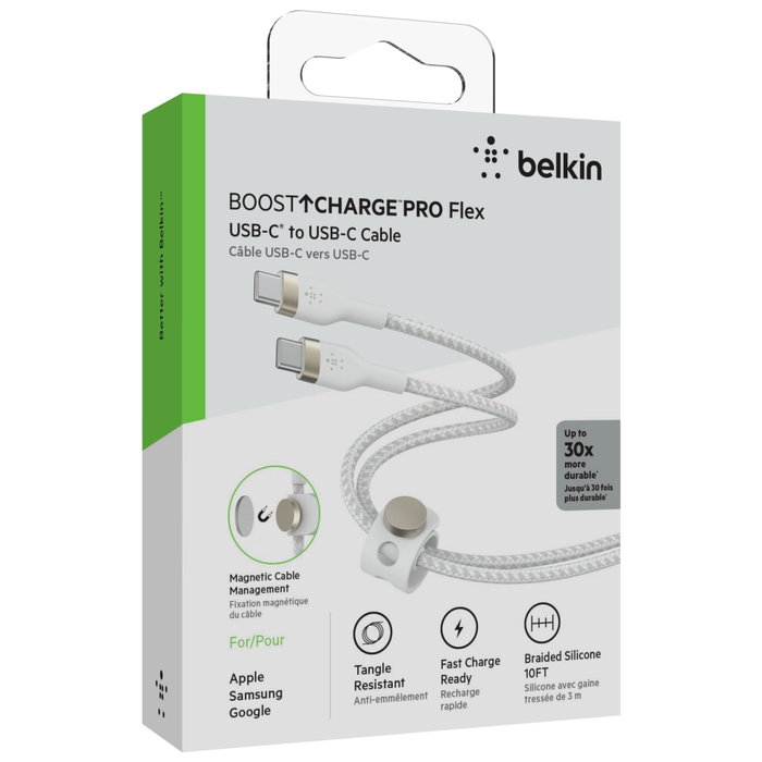 Belkin BOOST CHARGE PRO Flex Câble USB-C/USB-C 3m Blanc CAB011bt3MWH Belkin BOOST CHARGE PRO Flex Câble USB-C/USB-C 3m Blanc CAB011bt3MWH