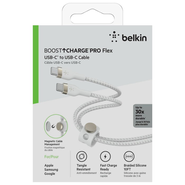 Belkin BOOST CHARGE PRO Flex Câble USB-C/USB-C 3m Blanc CAB011bt3MWH Belkin BOOST CHARGE PRO Flex Câble USB-C/USB-C 3m Blanc CAB011bt3MWH