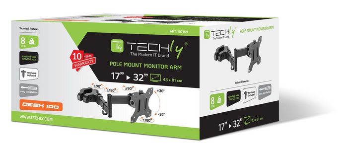 Techly Support de fixation sur colonne pour TV LED/LCD 17-32" Noir - Cheville de fixation, réglage inclinaison et rotation, VESA 75x75/100x100, charge max 8 kg