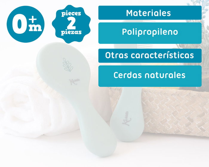 KioKids Set de Peigne et Brossette à Cerdas Naturales pour Bébé dès la Naissance, Vert Salvia - Collection Petit Moments