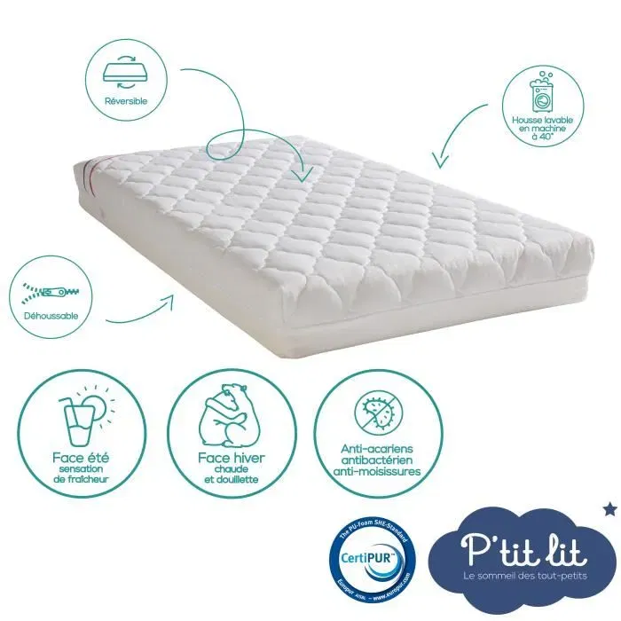 P'Tit Lit - Matelas bébé Climatisé - 60x120x10 cm - Reversible - Déhoussable - Anti-acariens - Fabrication Française P'Tit Lit - Matelas bébé Climatisé - 60x120x10 cm - Reversible - Déhoussable - Anti-acariens - Fabrication Française