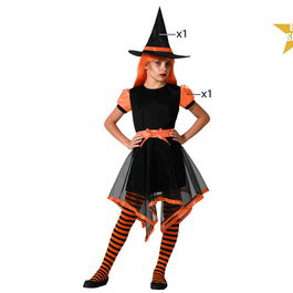 Déguisement Enfant Sorcière Orange avec Robe Courte et Jupe Asymétrique 10-12 Ans - Costume Fille Halloween