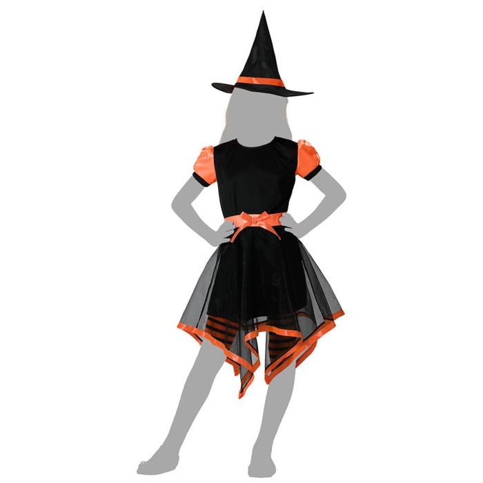 Déguisement Enfant Sorcière Orange avec Robe Courte et Jupe Asymétrique 10-12 Ans - Costume Fille Halloween