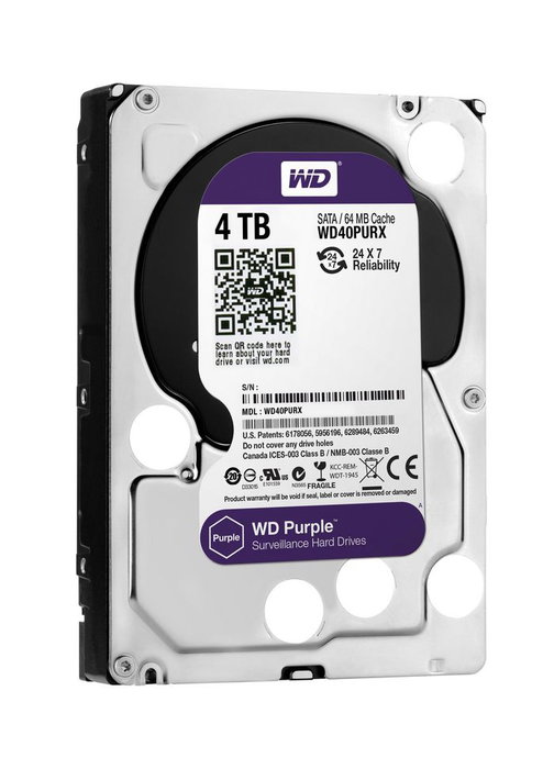 Western Digital WD Purple - Disque dur interne pour vidéosurveillance - 4 To - 3.5" - SATA 6Gb/s - 5400 RPM - 64 Mo - Technologie AllFrame 4K - Jusqu'à 64 caméras
