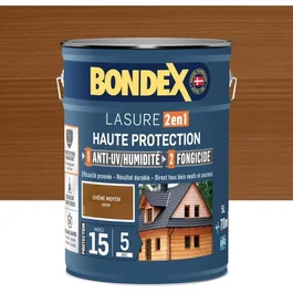 Bondex Lasure Bois Haute Protection 2 en 1, Chêne Moyen Satin, jusqu'à 5 ans de protection, pour bois bruts, anciens ou lasurés, 5 Litres