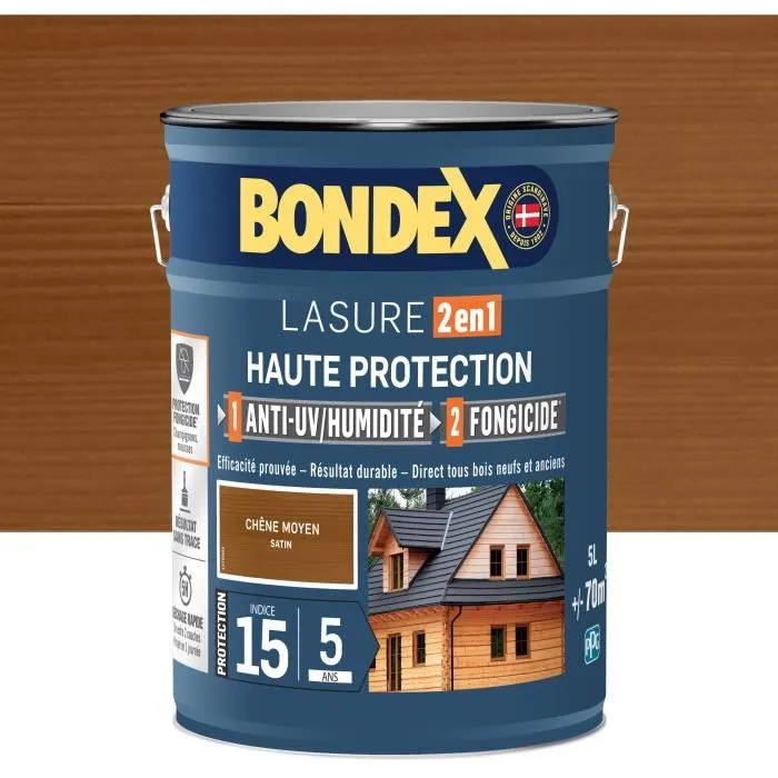 Bondex Lasure Bois Haute Protection 2 en 1, Chêne Moyen Satin, jusqu'à 5 ans de protection, pour bois bruts, anciens ou lasurés, 5 Litres Bondex Lasure Bois Haute Protection 2 en 1, Chêne Moyen Satin, jusqu'à 5 ans de protection, pour bois bruts, anciens ou lasurés, 5 Litres